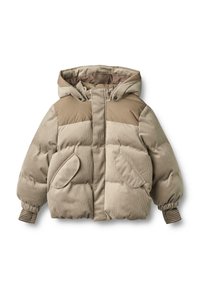Beige Cord-Jacke mit Kapuze und einer teilbaren Gestaltung, elastischen Bündchen und zwei Seitentaschen. Bietet ein weiches, strukturiertes Aussehen.