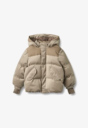Beige ribfluwelen pufferjack met capuchon, voorzien van een gespleten ontwerp, elastische manchetten en twee zijzakken. Biedt een zachte, gestructureerde uitstraling.