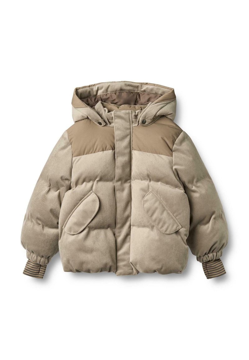 Beige Cord-Jacke mit Kapuze und einer teilbaren Gestaltung, elastischen Bündchen und zwei Seitentaschen. Bietet ein weiches, strukturiertes Aussehen.