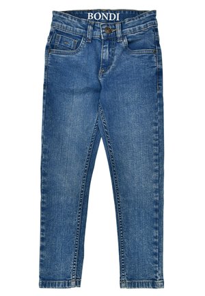 Blue denim jeans with front pockets, belt loops, button closure, and "BONDI" branded inside the waistband.