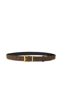 Bruin suède riem met een vergulde metalen gesp, voorzien van meerdere gaten voor aanpassing en een gladde zwarte binnenvoering.