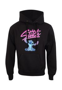 Černá mikina s kapucí s předním potiskem modré kreslené postavičky, která zdvihá ruku. Růžový nápis "Stitch" nad postavičkou. Látka z bavlny.