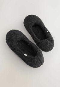 Black felt slippers with an enclosed toe and open sides, featuring a soft texture and minimal stitching detail.