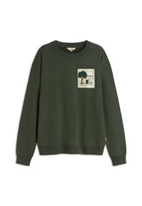 Felpa verde in cotone con maniche lunghe, scollo rotondo e una patch anteriore con un'illustrazione di un albero e un edificio.