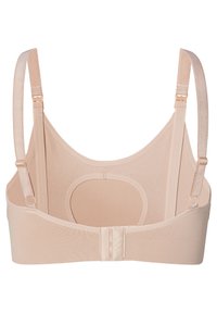 Beige, sømløs bh med justerbare stropper og en glat tekstur. Har en kikset detalje bagpå og hægte-og-øje lukning.