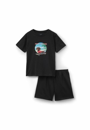 Schwarzes T-Shirt mit kurzen Ärmeln und Shorts-Set mit einer Grafik eines Dackels, der am Strand Skateboard fährt, und dem Text "Enjoy the Ride."