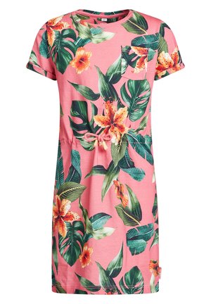 Rosa kortærmet kjole med tropiske grønne blade og orange blomsterprint, en lille brystlomme og et bundet bælte i taljen.