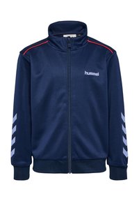Dunkelblaue Zip-Up-Jacke mit hohem Kragen, roten Akzentstreifen und weißen Chevron-Mustern an den Ärmeln. Hergestellt aus glattem, leichtem Stoff.
