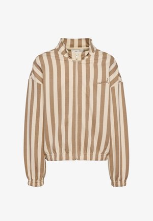 Beige og creme farvet lodretstribet lynlåstrøje med høj krave, elastiske ærmegab og kant, med lille broderet tekst på brystet.