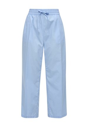 Pantaloni larghi di colore azzurro chiaro realizzati in un tessuto leggero. Presentano una vita elasticizzata con coulisse per una vestibilità regolabile.