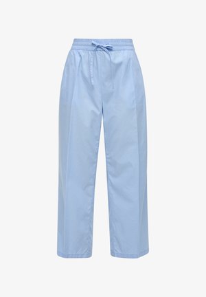 Pantalons bleu clair, à jambe large, en tissu léger. Dotés d'une taille élastique avec un cordon de serrage pour un ajustement personnalisable.