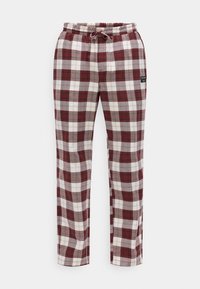 Pantalones de pijama a cuadros en burdeos, blanco y gris. Cuentan con una cinturilla elástica con cordón. Tejido suave con un corte holgado.
