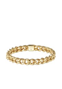 Guld kædearmbånd med sammenkædede led, glat overflade og en mærket lukning med "375" for 9K guld renhed.