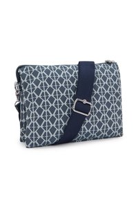 Borsa a spalla in tessuto blu con motivo geometrico, chiusura con zip e tracolla regolabile di colore blu navy. Presenta un accento in metallo argentato sulla tracolla.