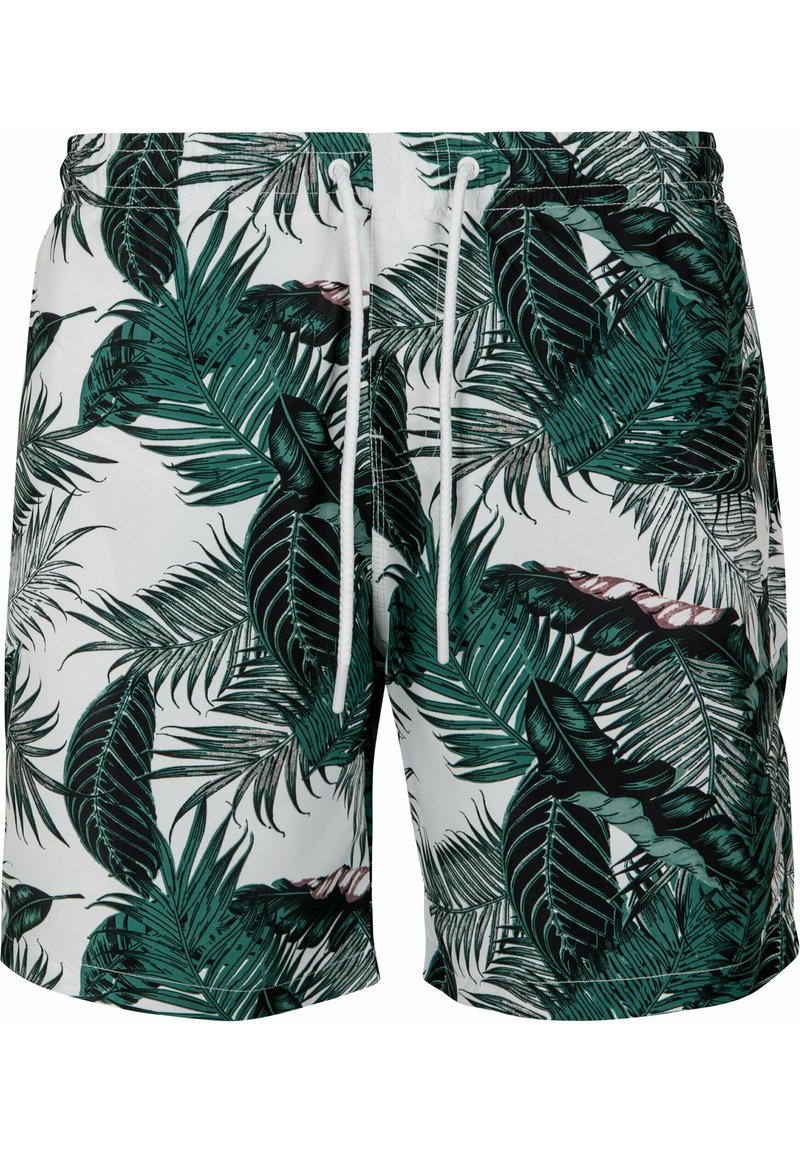 Herren-Badehose mit weißem Grund und einem tropischen grünen Palmenblattmuster, elastischem Bund und weißem Kordelzug.
