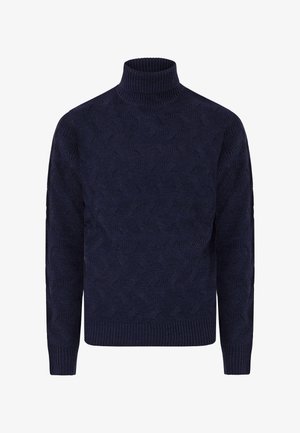Dunkelblauer Rollkragenpullover mit strukturiertem Muster, gerippten Bündchen und Saum. Aus weichem Material gefertigt, mit taillierter Passform.