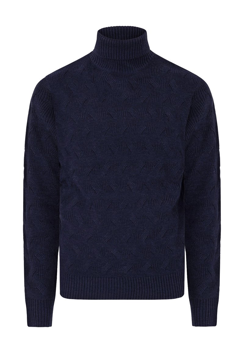 Dunkelblauer Rollkragenpullover mit strukturiertem Muster, gerippten Bündchen und Saum. Aus weichem Material gefertigt, mit taillierter Passform.