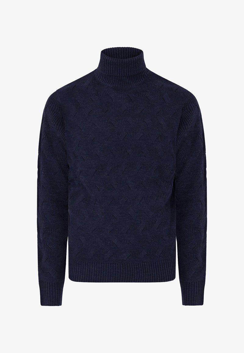 Navy blue turtleneck sweater with a textured pattern, ribbed cuffs, and hem. Made from soft fabric, featuring a fitted design.