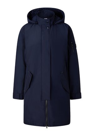 Parka d'hiver bleu marine avec capuche, fermeture éclair avant et boutons-pression, deux poches à rabat inclinées, et une poche zippée sur la manche gauche.