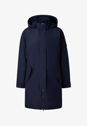 Donkerblauwe winterparka met capuchon, ritssluiting aan de voorkant en drukknopen, twee schuine kleppenzakken en een ritssluitingzak op de linkermouw.
