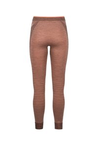 Brown leggings with a textured pattern, featuring a slight sheen, fitted design, and contrasting waistband detail. No visible hardware.
