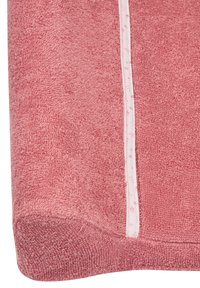 Rectangular bath towel in soft pink terry cloth with a smooth white patterned trim along one edge. Textured surface feels plush and absorbent.
