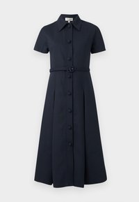 Μίντι φόρεμα σκούρου μπλε με κοντά μανίκια, γιακά, κλείσιμο με κουμπιά μπροστά, κουμπιά καλυμμένα με το ίδιο ύφασμα και ζώνη μέσης με αγκράφα.