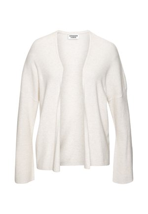 Cremefarbenes Cardigan mit weichem, gestricktem Stoff. Offenes Frontdesign, lange Ärmel und entspannter Schnitt. Etikett: Copenhagen Studios.