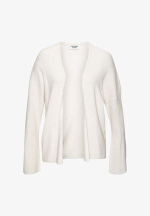 Cream-colored cardigan with a soft, knitted texture. Open front design, long sleeves, and a relaxed fit. Label: Copenhagen Studios.