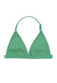 Zelený trojuholníkový bikiny top s textúrovaným pruhovaným vzorom, s nastaviteľnými ramienkami a riaseným dolným pásom.