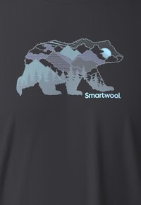 Czarna koszulka z sylwetką niedźwiedzia oraz warstwowym wzorem gór, lasów i nieba w niebieskim i białym kolorze. Pod spodem logo "Smartwool".
