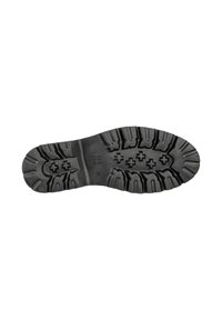 Soletta in gomma nera con scanalature profonde, superficie texturizzata e logo centrale. Progettata per grip e durata.