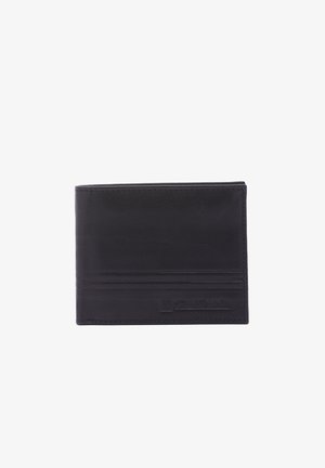 Portefeuille en cuir noir avec une texture lisse, comportant plusieurs emplacements pour cartes et un logo en relief à l'avant. Design bi-fold compact.