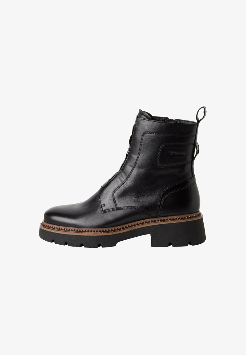 Black leather ankle boot with a rounded toe, zip closure, and textured detailing. Features a chunky heel and contrasting brown sole.