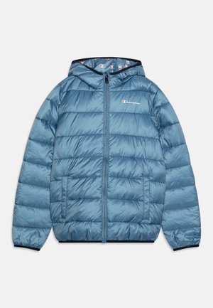 Puffy blue jacket with a hood, made of shiny material, featuring horizontal stitching, front pockets, and a logo on the left chest.