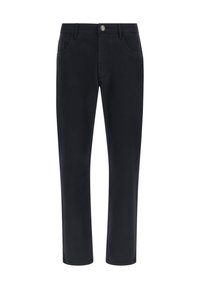 Pantalones negros con un diseño de pierna recta, que cuentan con un cierre de botón, bolsillos frontales y traseros, y una textura suave.