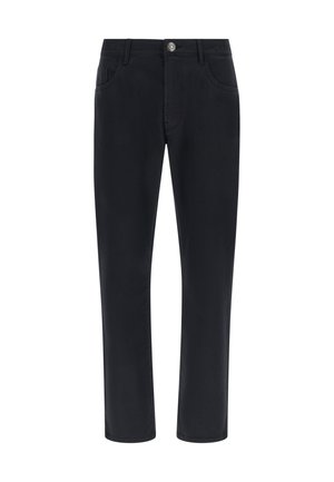 Pantaloni neri con design a gamba dritta, dotati di chiusura a bottone, tasche anteriori e posteriori, e una texture liscia.