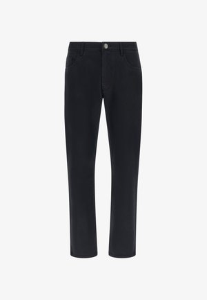 Pantalones negros con un diseño de pierna recta, que cuentan con un cierre de botón, bolsillos frontales y traseros, y una textura suave.