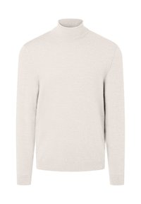 Hellbeige Rollkragenpullover aus weichem Stoff. Verfügt über lange Ärmel und eine taillierte Passform, mit gerippten Kanten am Ausschnitt und an den Bündchen.