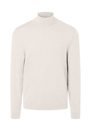 Hellbeige Rollkragenpullover aus weichem Stoff. Verfügt über lange Ärmel und eine taillierte Passform, mit gerippten Kanten am Ausschnitt und an den Bündchen.