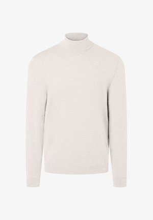 Light beige turtleneck sweater made of soft fabric. Features long sleeves and a fitted design, with ribbed edges at the neckline and cuffs.