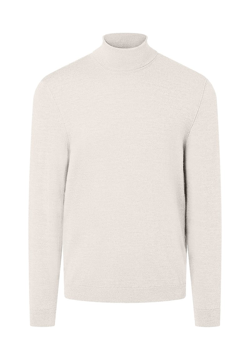 Hellbeige Rollkragenpullover aus weichem Stoff. Verfügt über lange Ärmel und eine taillierte Passform, mit gerippten Kanten am Ausschnitt und an den Bündchen.