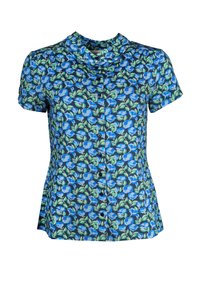 Short-sleeve shirt in dark fabric with a blue and green floral pattern; features a collar and button closure with pleated shoulders.