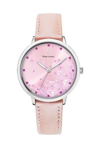 Reloj de pulsera rosa con caja de acero inoxidable, correa de cuero y un dial con patrón floral que presenta pequeños acentos morados y rosas.
