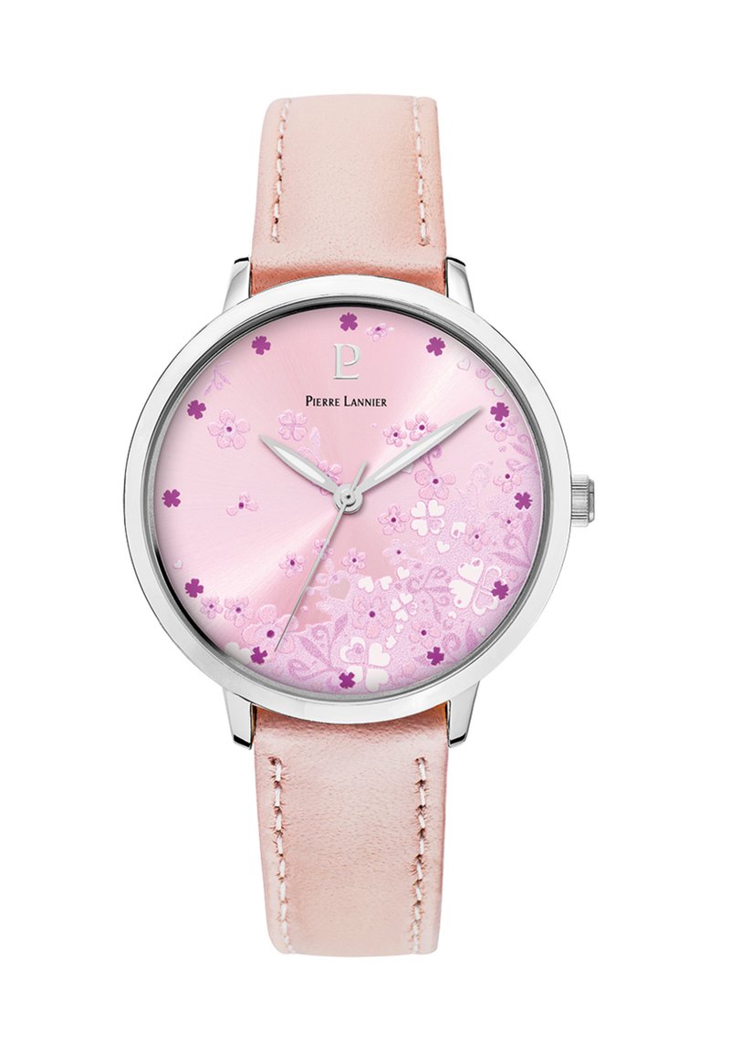 Reloj de pulsera rosa con caja de acero inoxidable, correa de cuero y un dial con patrón floral que presenta pequeños acentos morados y rosas.