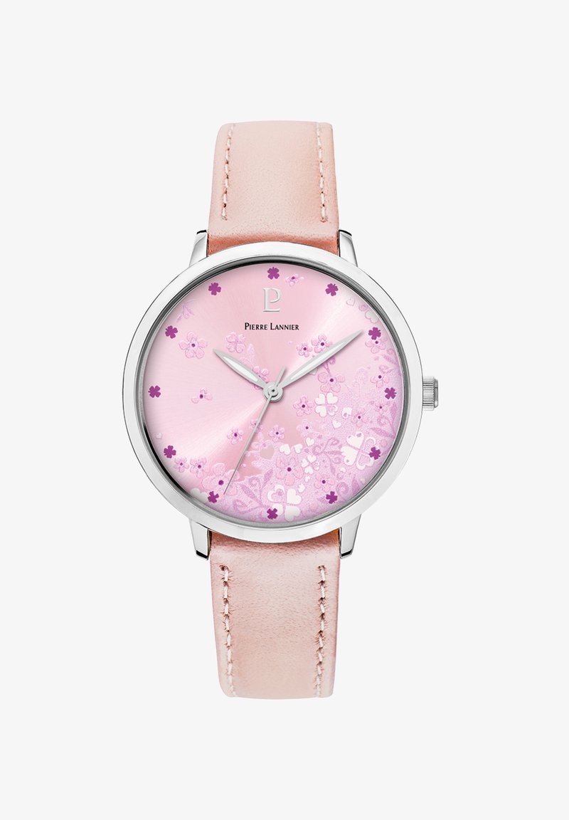 Rožinė rankinė laikrodė su nerūdijančio plieno korpusu, odiniu dirželiu ir gėlių raštuotu ciferblatu, kuriame yra mažų violetinių ir rožinių akcentų.