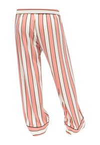 Pantalones a rayas rosas y blancos con una textura suave, que cuentan con una amplia cinturilla elástica y acentos negros en contraste a lo largo de las rayas.