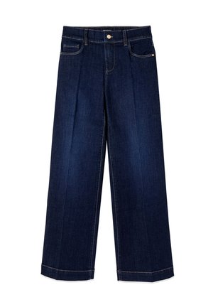 Mørkeblå vidde denimjeans med frontknap, bæltestropper og fem lommer, vist på en hvid baggrund.