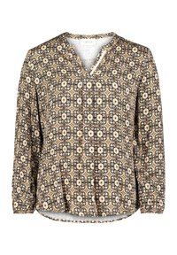 Langärmlige Bluse aus schwarzem, cremefarbenem und beigem gemustertem Stoff mit einem V-Ausschnitt, gerafften Bündchen und einem leicht geschwungenen Saum.