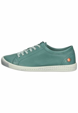 Teal leather sneakers with light gray laces and rubber sole. Minimalist design features a small orange logo on the heel. Textured surface.